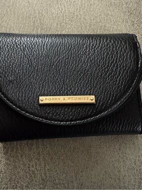 Poppy & Peonies Black Pebbled Leather Wallet with Gold Plaque